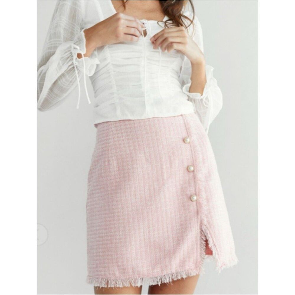 Francesca's Blue Rain Faux-Wrap Pink Plaid Tweed Mini Skirt